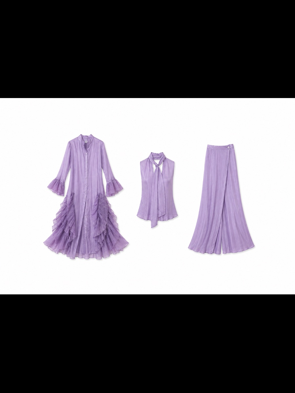 100 % Silk 3 Pc Ruffle Set Maxi Dress Dress Bell Sleeve Tank Pants